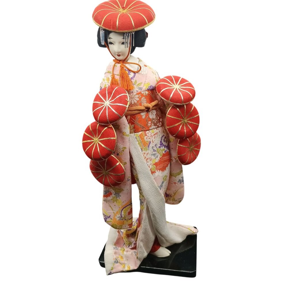 Vintage Geisha Hat Dance Silk Figurine 16in Japanese Doll Decor